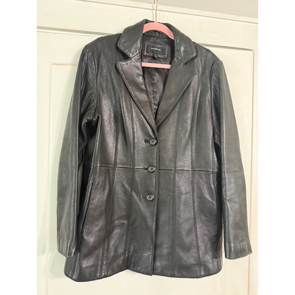 Colebrook Black Genuine Leather Blazer Jacket Womens Large 3 Button Tailored